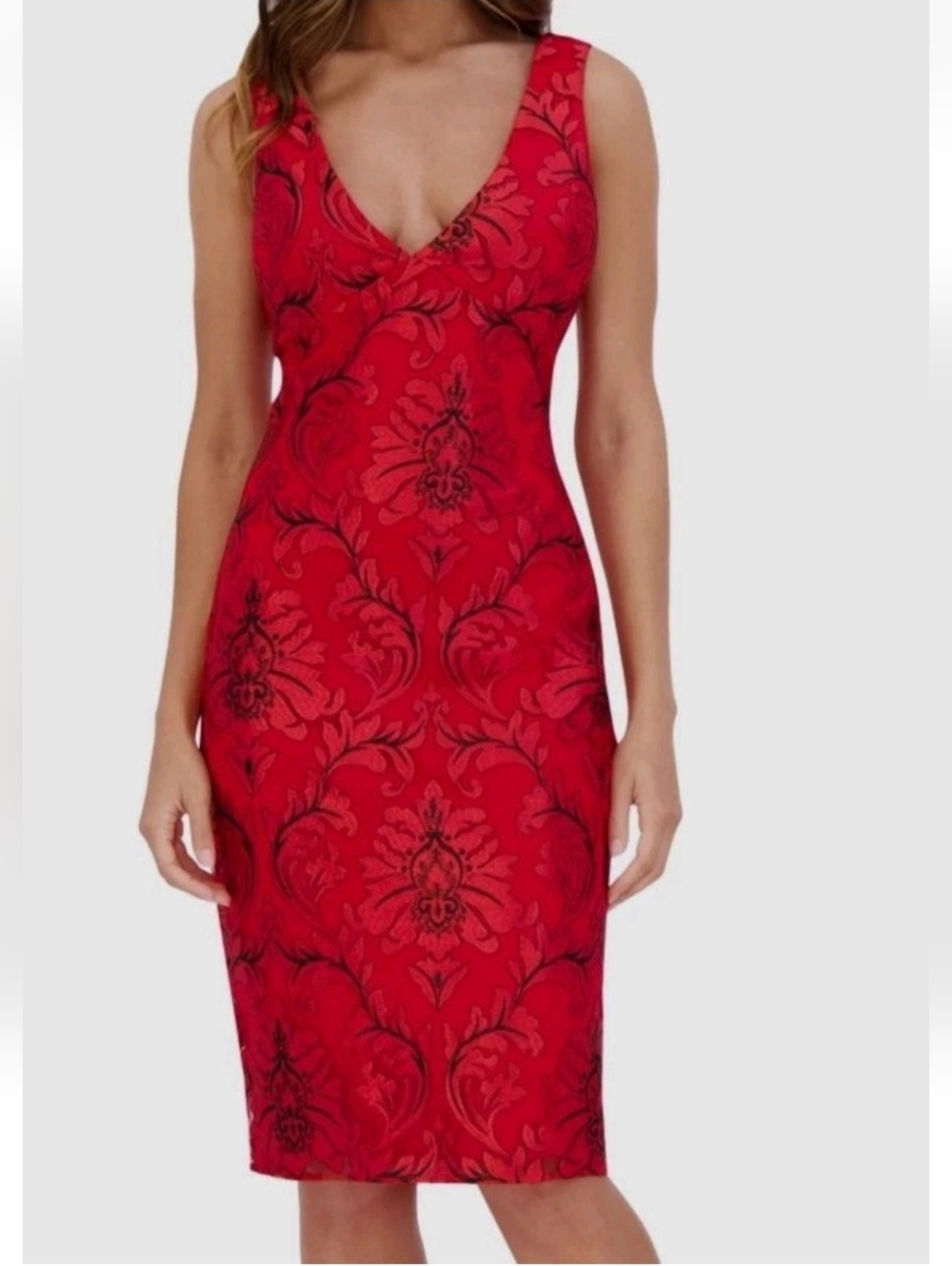 Siena Studio Red V-Neck Damask Sheath Dress